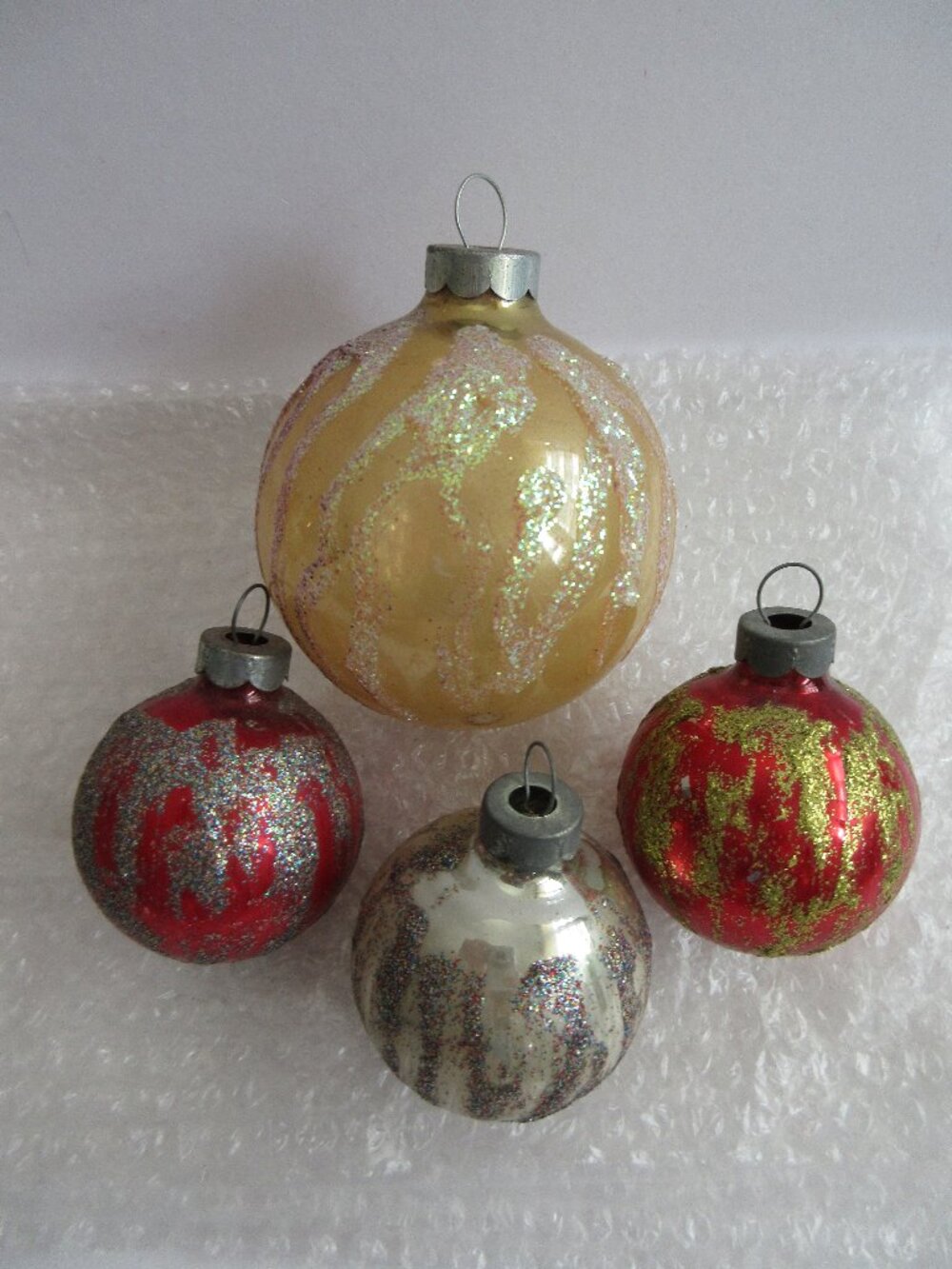 Glass Christmas Ornaments Vintage Made in USA Decorated with Glitter Lot of 4